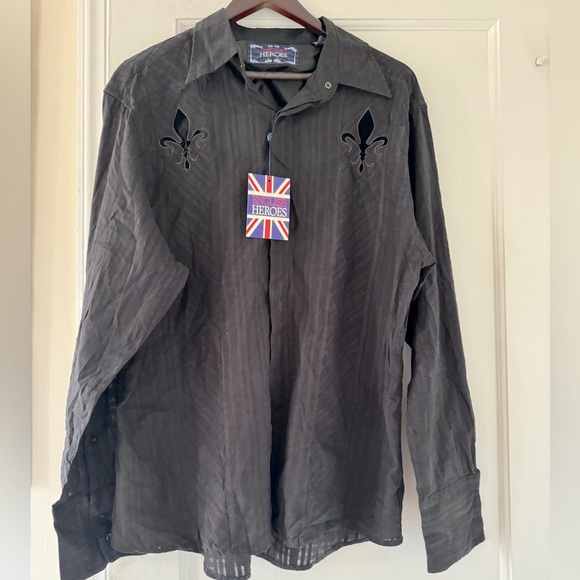 English Heroes Fleur-de-Lis Embroidery Cotton Button Down Shirt Grunge Goth - Picture 4 of 16